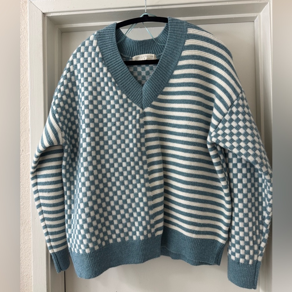 Blue and White V-Neck Sweater